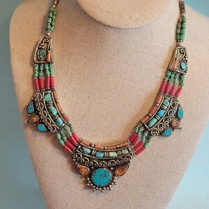 Tibetan Vintage Turquoise And Coral Multicolor Beaded Necklace.